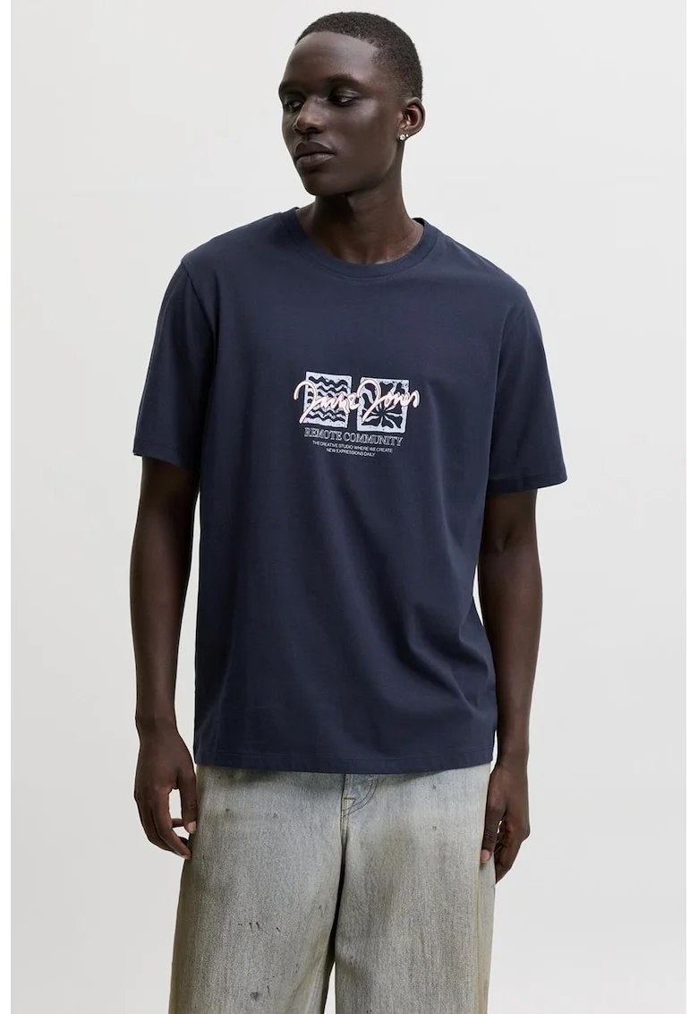 Tricou cu imprimeu si decolteu la baza gatului, Albastru ultramarin