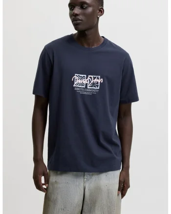 Tricou cu imprimeu si decolteu la baza gatului, Albastru ultramarin