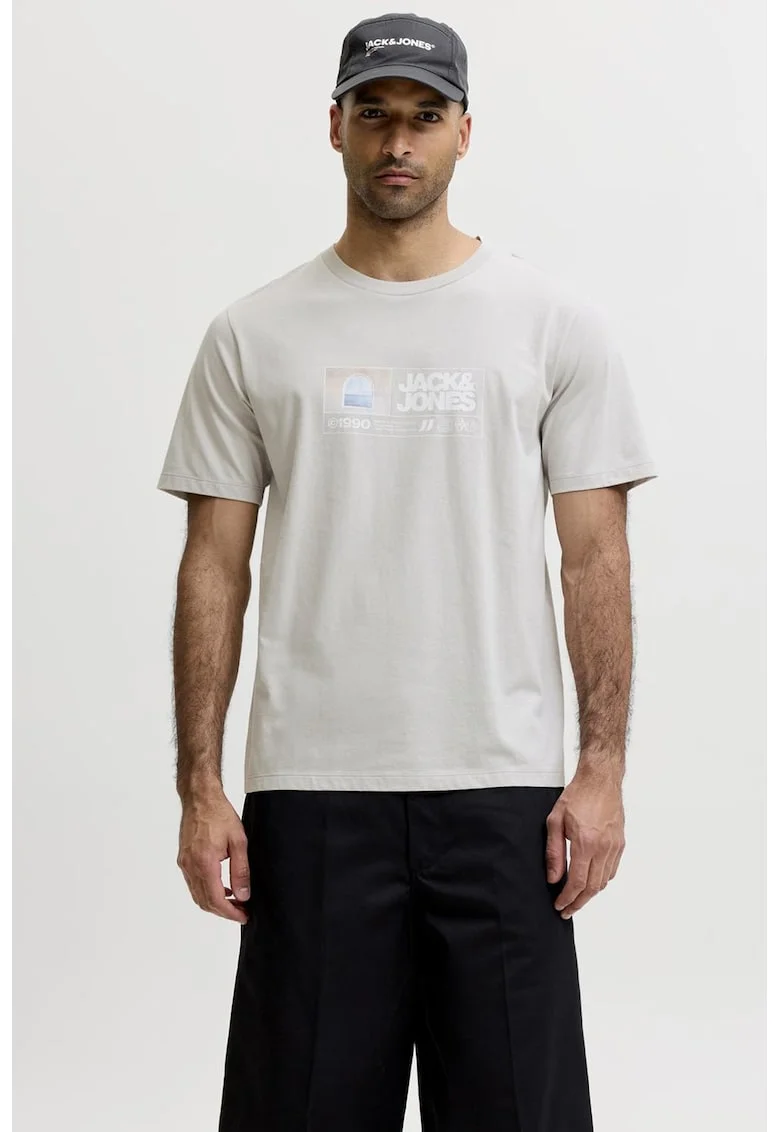 Tricou cu decolteu la baza gatului si imprimeu logo, Gri deschis