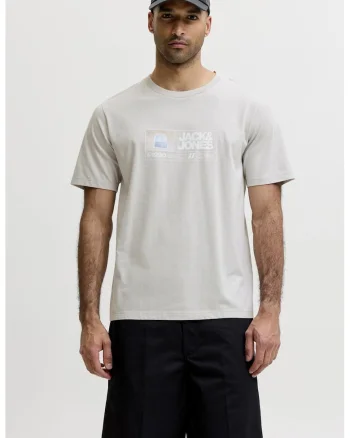 Tricou cu decolteu la baza gatului si imprimeu logo, Gri deschis