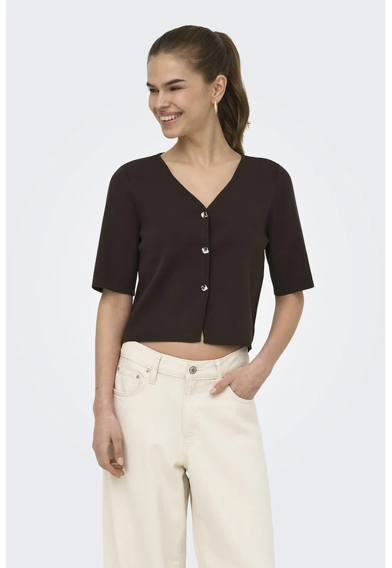 Cardigan crop cu maneci scurte, Maro inchis