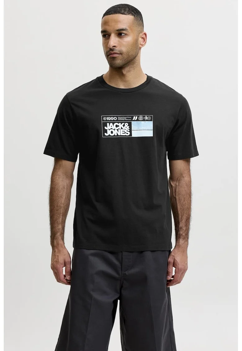 Tricou cu decolteu la baza gatului si imprimeu logo, Negru