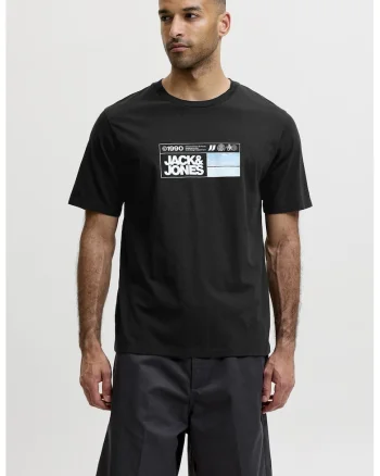Tricou cu decolteu la baza gatului si imprimeu logo, Negru