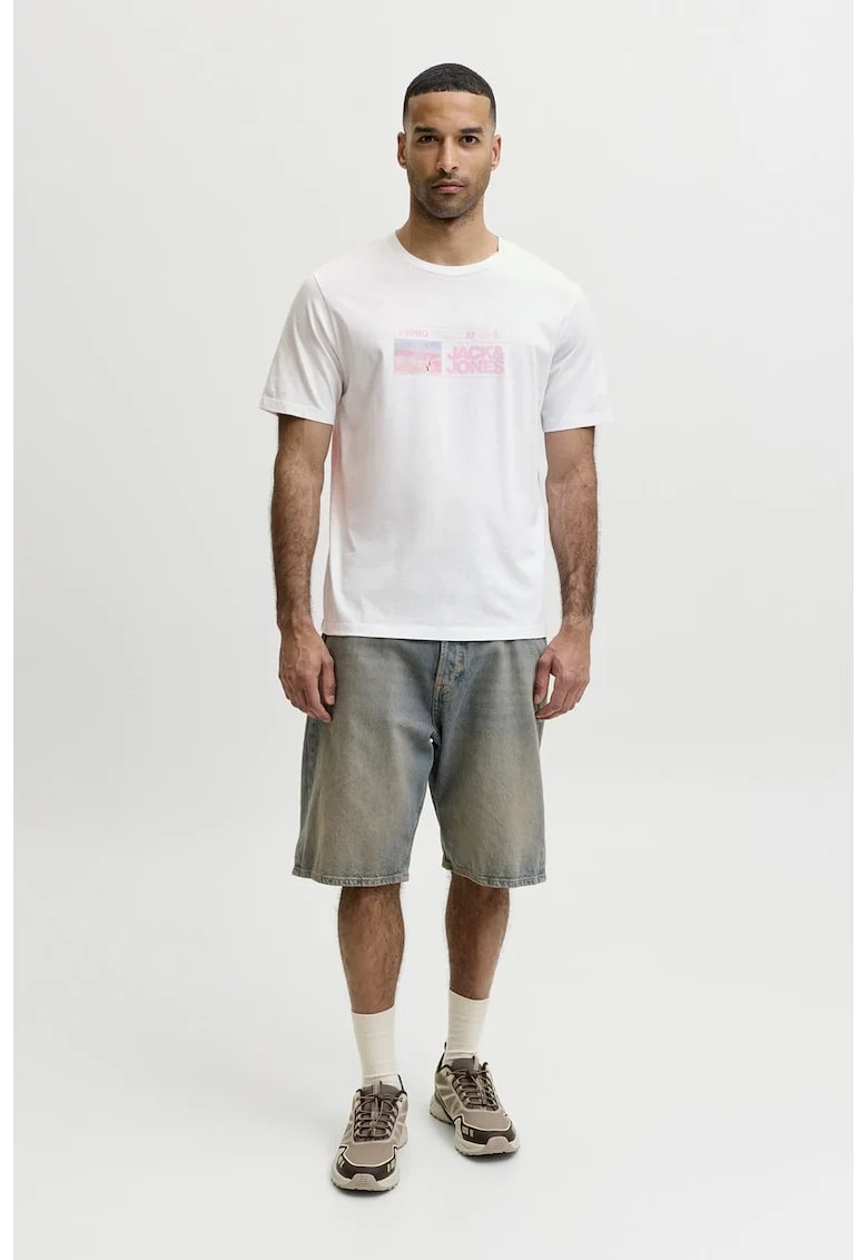 Tricou cu decolteu la baza gatului si imprimeu logo, Alb optic