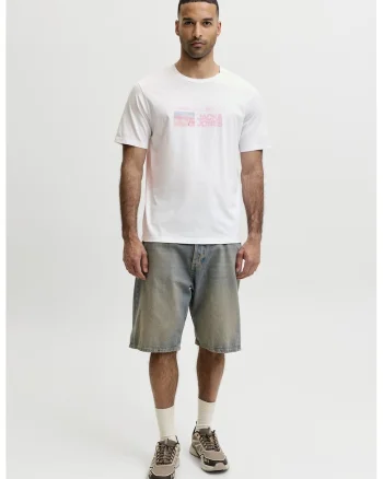 Tricou cu decolteu la baza gatului si imprimeu logo, Alb optic