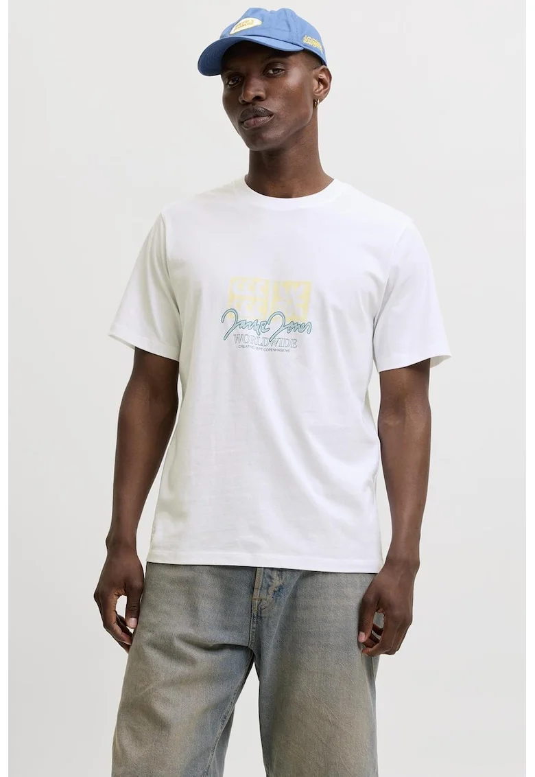 Tricou cu imprimeu si decolteu la baza gatului, Alb optic