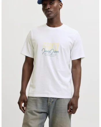 Tricou cu imprimeu si decolteu la baza gatului, Alb optic