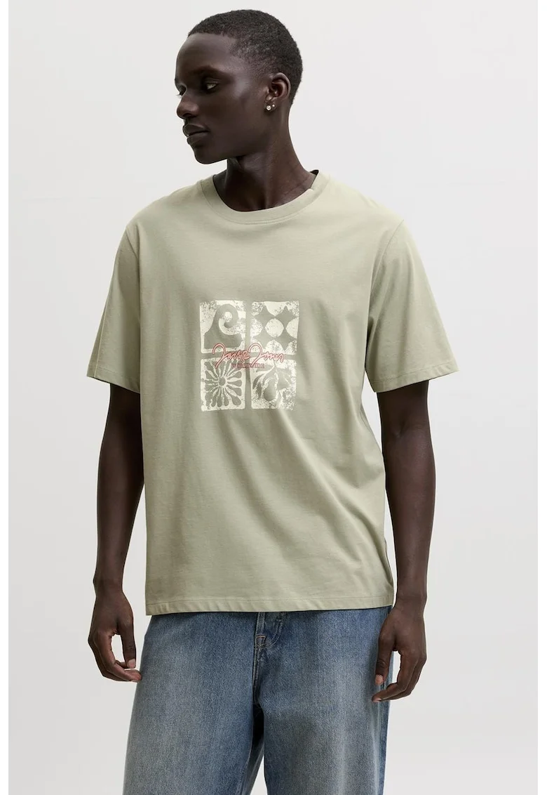 Tricou cu imprimeu si decolteu la baza gatului, Bej deschis