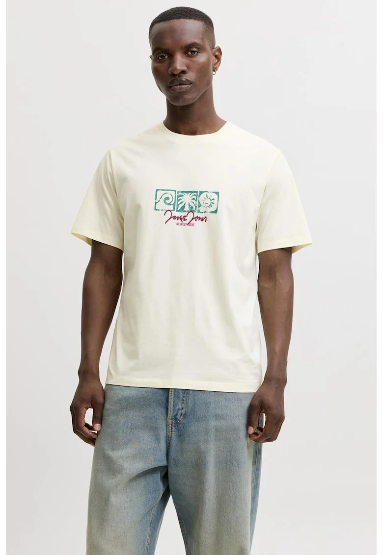 Tricou cu imprimeu si decolteu la baza gatului, Alb fildes