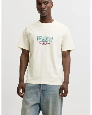 Tricou cu imprimeu si decolteu la baza gatului, Alb fildes