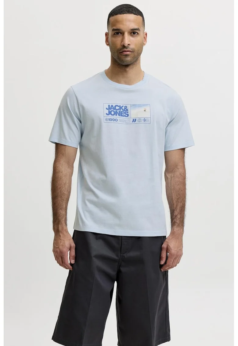 Tricou cu decolteu la baza gatului si imprimeu logo, Albastru pastel