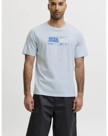 Tricou cu decolteu la baza gatului si imprimeu logo, Albastru pastel