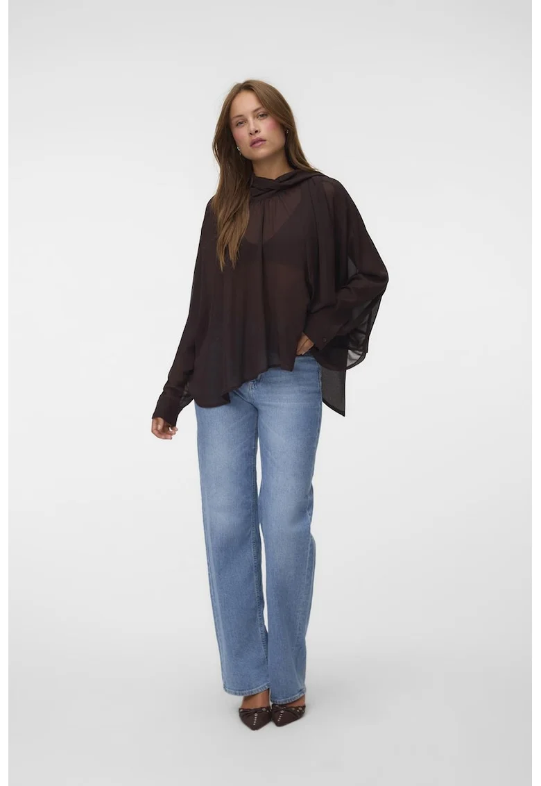 Bluza asimetrica semitransparenta cu drapaje, Maro cognac