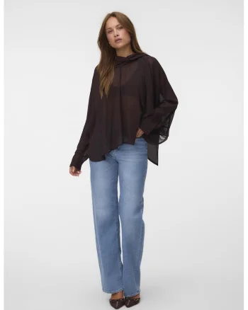 Bluza asimetrica semitransparenta cu drapaje, Maro cognac