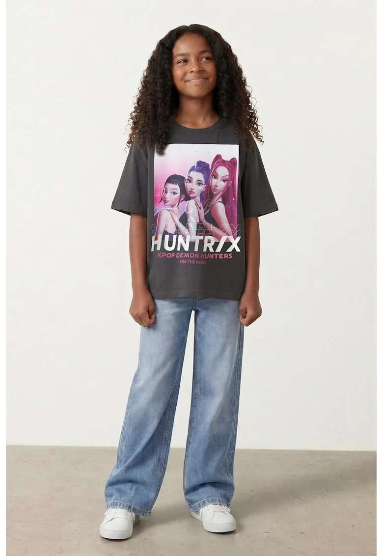 Tricou de bumbac cu imprimeu K-Pop, Negru carbon/Roz