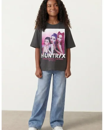 Tricou de bumbac cu imprimeu K-Pop, Negru carbon/Roz