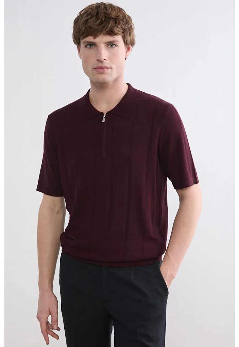 Tricou regular fit cu guler polo cu model uni, Visiniu inchis