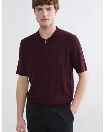 Tricou regular fit cu guler polo cu model uni, Visiniu inchis