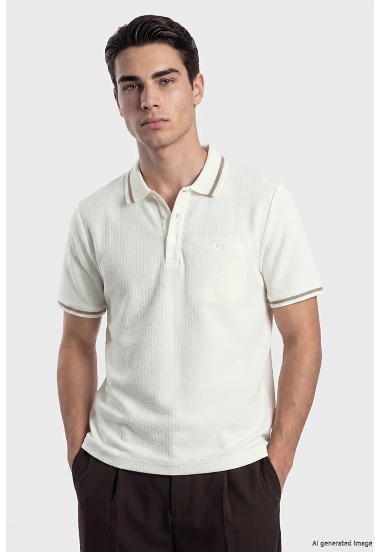 Tricou regular fit texturat cu guler polo, Alb fildes