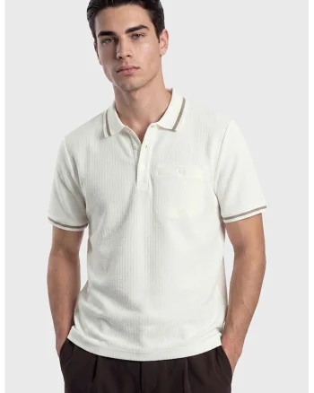 Tricou regular fit texturat cu guler polo, Alb fildes