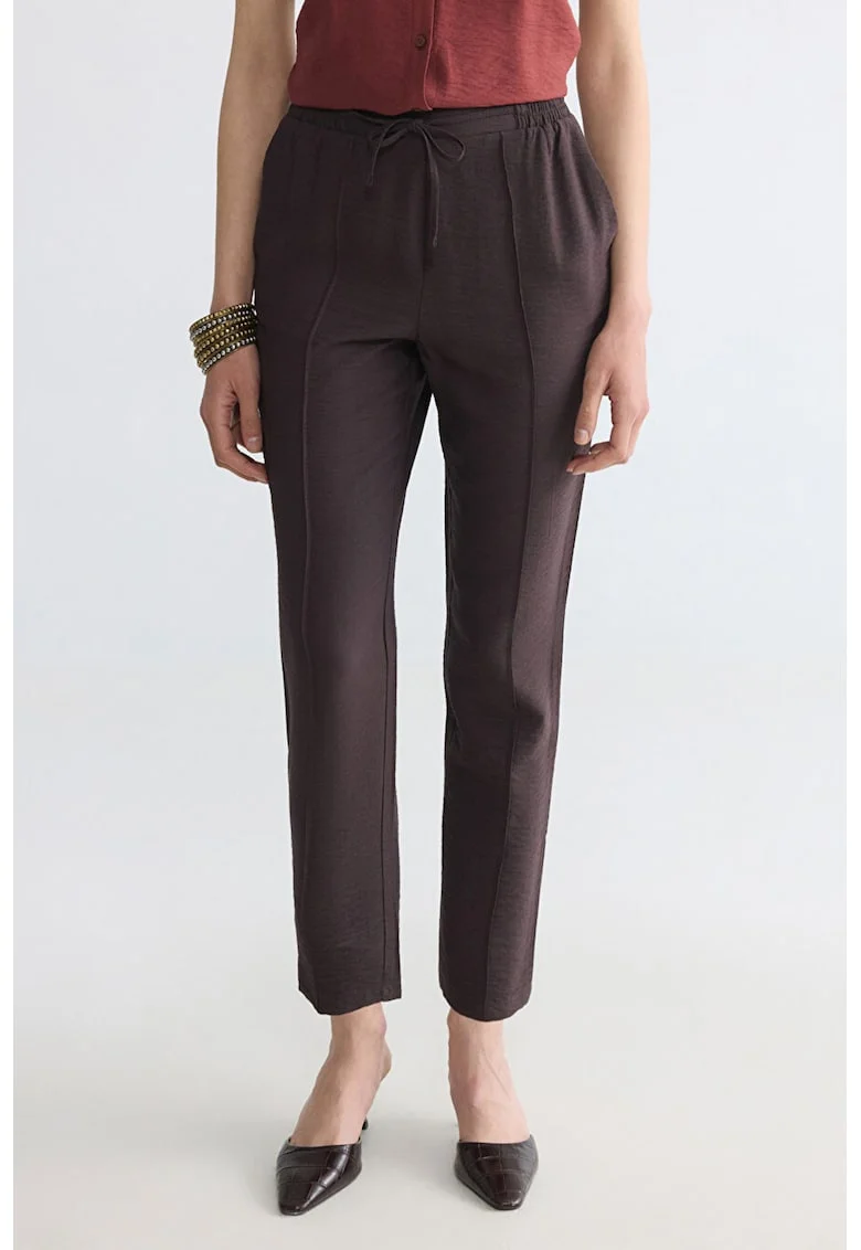 Pantaloni crop cu croiala conica si snur de ajustare, Maro taupe inchis