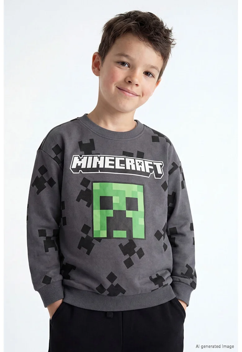 Bluza de trening cu tematica Minecraft, Gri/Verde lime