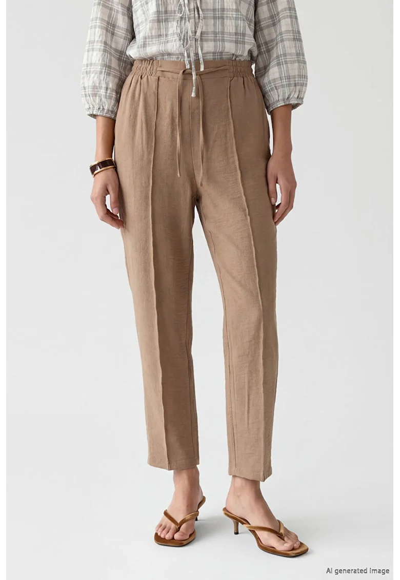 Pantaloni crop cu croiala conica si snur de ajustare, Maro taupe deschis