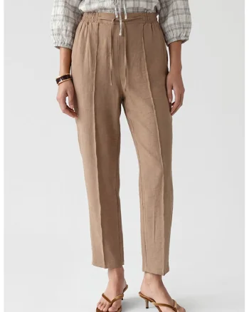 Pantaloni crop cu croiala conica si snur de ajustare, Maro taupe deschis