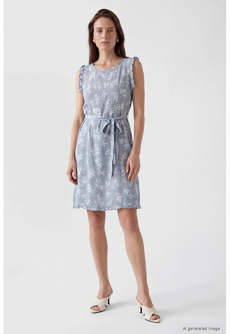 Rochie cu model si cordon in talie, Alb/Albastru stins
