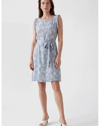 Rochie cu model si cordon in talie, Alb/Albastru stins