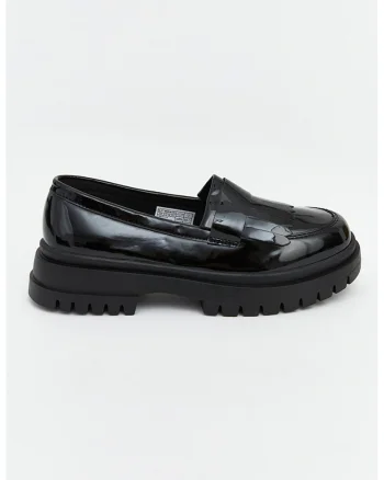 Pantofi loafer din piele ecologica cu aspet lacuit, Negru
