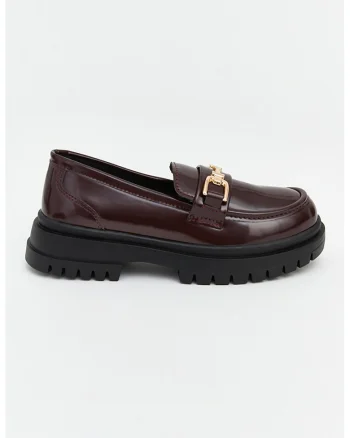 Pantofi loafer din piele ecologica cu aplicatie metalica, Visiniu inchis