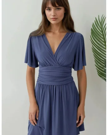 Rochie mini,  maneca scurta, decolteu in V, jerseu, Albastru, Albastru