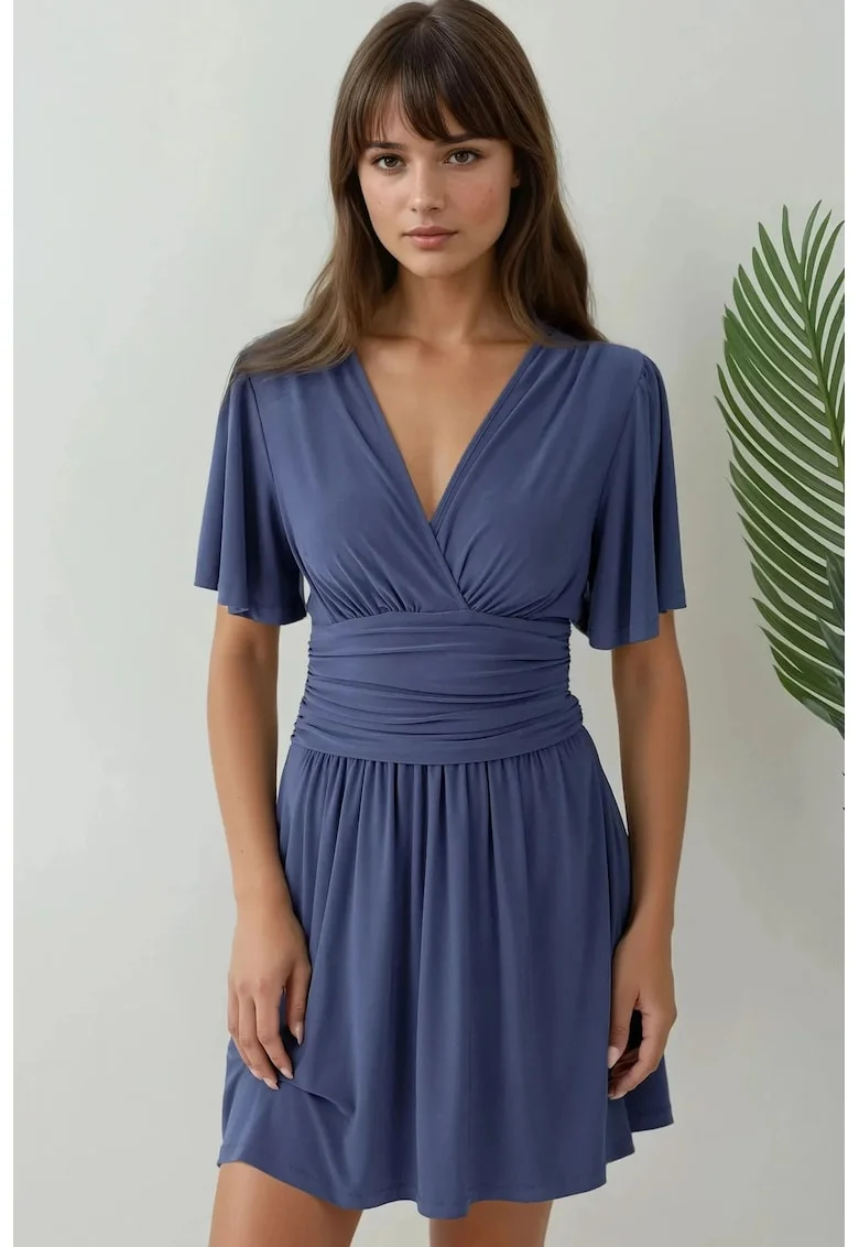 Rochie mini,  maneca scurta, decolteu in V, jerseu, Albastru, Albastru inchis