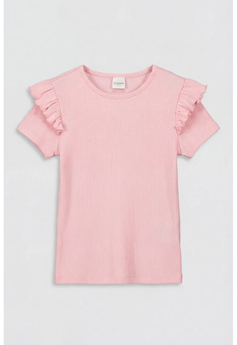 Tricou cu aspect striat si volane, Roz deschis