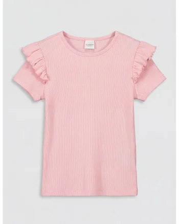 Tricou cu aspect striat si volane, Roz deschis