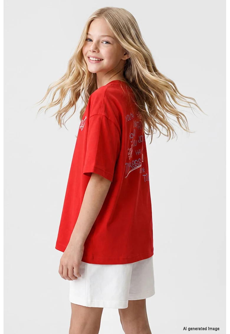 Tricou cu decolteu la baza gatului si imprimeu pe partea din spate, Rosu aprins