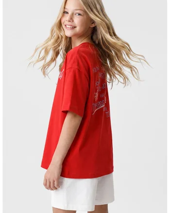 Tricou cu decolteu la baza gatului si imprimeu pe partea din spate, Rosu aprins
