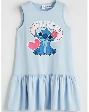 Rochie fara maneci cu imprimeu cu Stitch, Albastru pastel/Roz