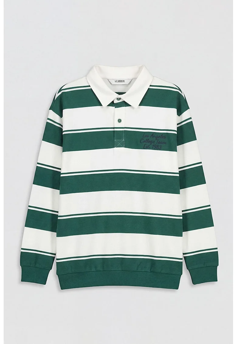 Bluza polo de trening cu dungi si text, Alb/Verde smarald