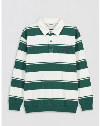 Bluza polo de trening cu dungi si text, Alb/Verde smarald