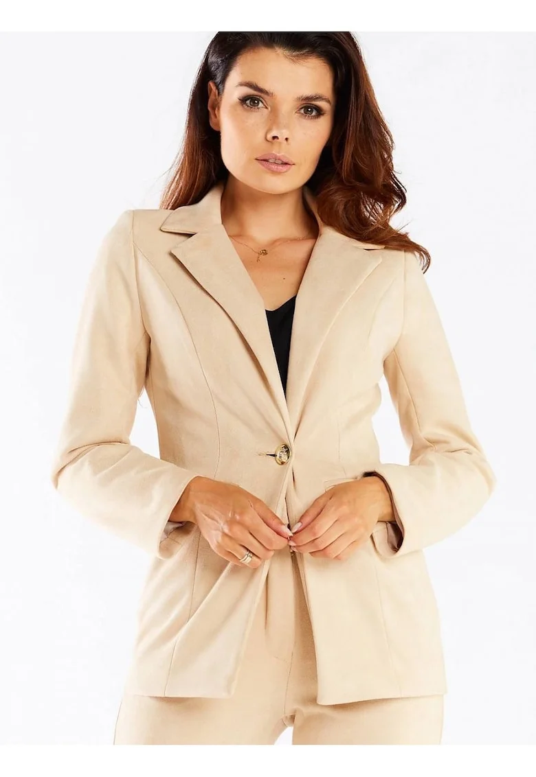Geaca eleganta dama,  bej, poliester, guler sal, nasture decorativ