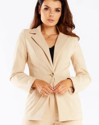 Geaca eleganta dama,  bej, poliester, guler sal, nasture decorativ