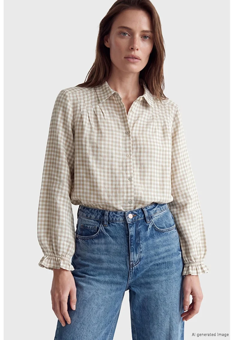 Camasa lejera cu model gingham, Bej inchis/Alb murdar