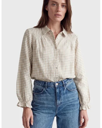 Camasa lejera cu model gingham, Bej inchis/Alb murdar