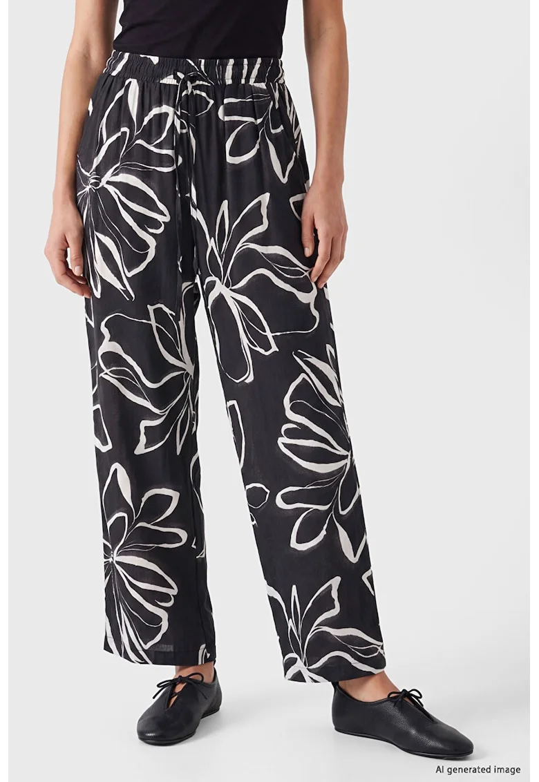 Pantalon cu snur si imprimeu, Alb/Negru
