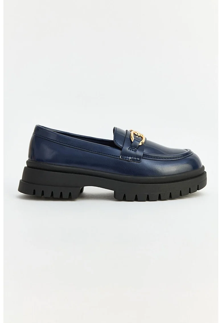 Pantofi loafer din piele ecologica cu aplicatie metalica, Bleumarin