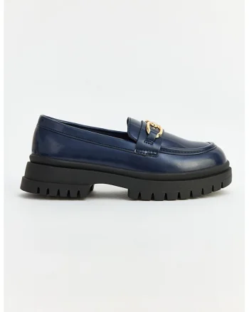 Pantofi loafer din piele ecologica cu aplicatie metalica, Bleumarin