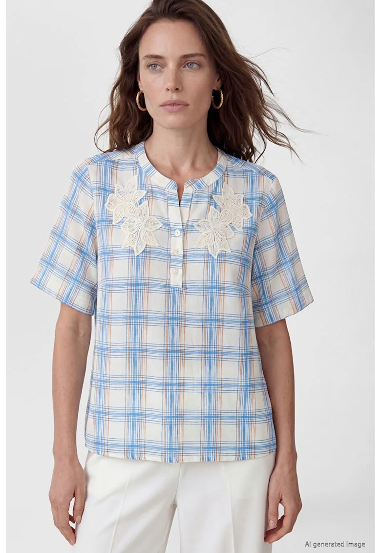 Bluza cu detalii brodate si model in carouri, Alb/Albastru pastel