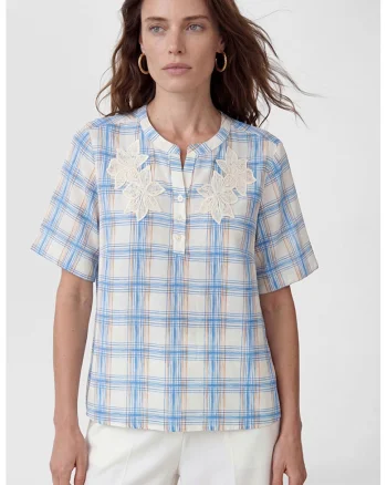 Bluza cu detalii brodate si model in carouri, Alb/Albastru pastel